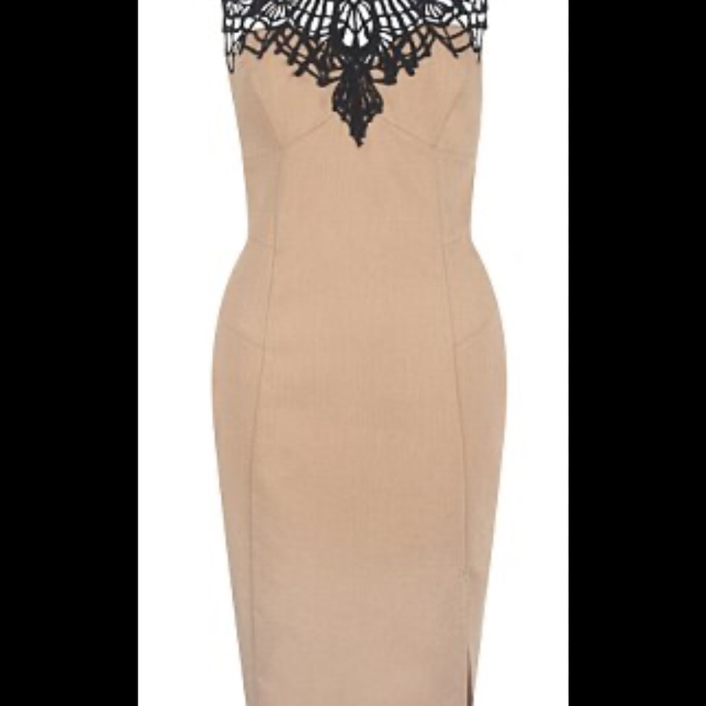 Elegant Tan Dress with Black Lace Detail